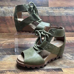 Sorel Women's Joanie Lace Up Olive Green Leather Wedge Comfort Sandals Size 6.5